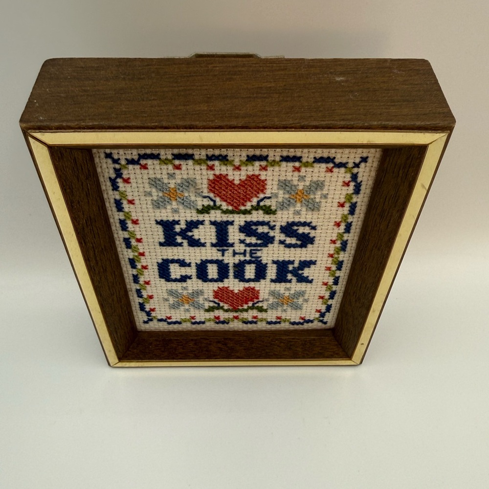 Vtg Kiss the Cook Needlepoint Embroidery Small Framed Completed Wall Art 6x5” - Picture 2 of 10